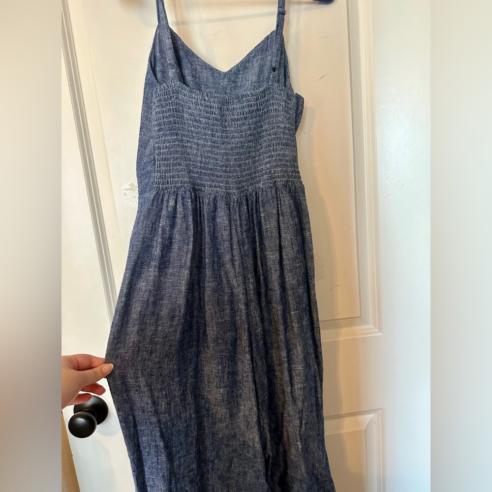 Women’s navy linen jumpsuit, ruched back